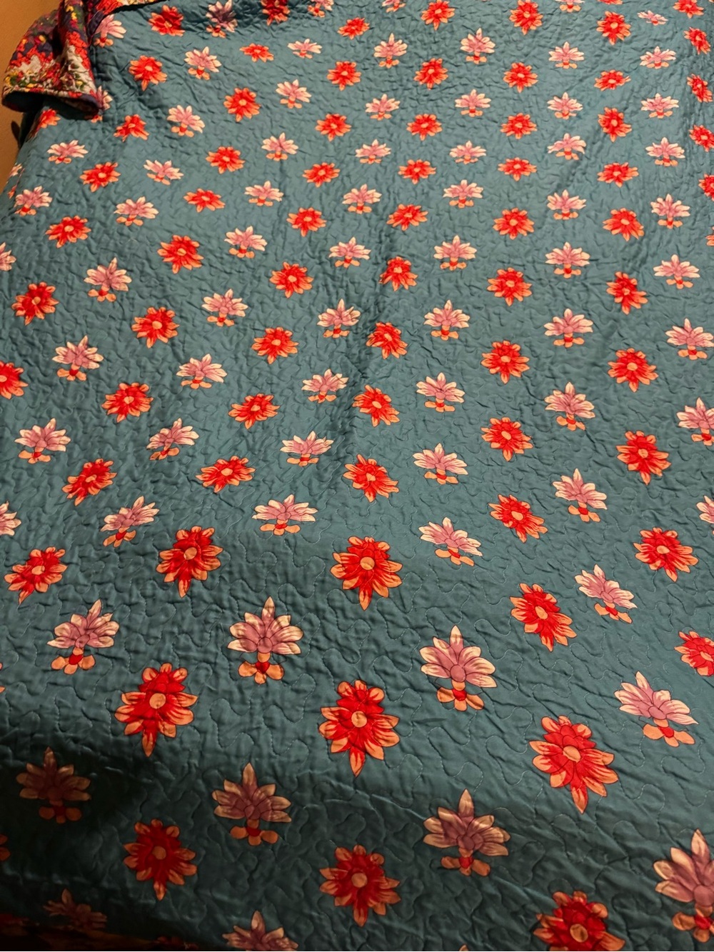 Floral Quilted Bedspread in Teal with Red and Pink Flowers